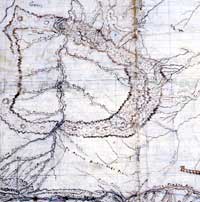 Portion of a Map (Bighorn Mtns. area) originally made by Bridger for W.M. Collins. First drawn in the earth with a stick- then in detail on the skin of an animal with charcoal. Bridger then gave it to W.M. Collins who made this map. (AHC) Refer to Acknowledgements#2