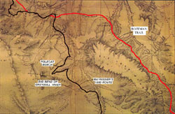 Map showing Raynold's and Maynadier's routes near the Greybull River, refer to Acknowledgements#20