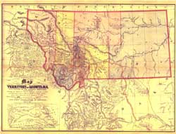 1864 Montana Territorial Map, The Bridger Trail Route is outlined in Red.- Refer to Acknowledgements#4 for more information on the map.